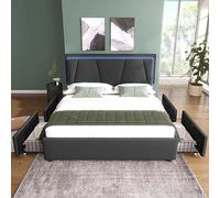 Witimisy Cama doble con iluminación LED y 4 cajones, cama tapizada con cabecero de altura ajustable y espacio de almacenamiento, incluye somier de listones de madera, sin colchón, 207 x 149 x 102 cm