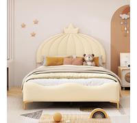 Witimisy Cama infantil, tapizada, cama de invitados, cabecero de dibujos animados con listón, diseño de arco, 207,5 x 140 x 139 cm (beige)