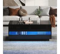 Witimisy Mesa de centro de alto brillo, mesa de té con 2 cajones, tira de luz LED Bluetooth, sofá de almacenamiento con deflector de vidrio templado, mesa auxiliar, negro, 100 x 50 x 40 cm