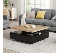 Wiuzo Cajón de café cuadrado giratorio 360°, alto brillo, 2 niveles centrado, mesa central giratoria y armario de almacenamiento, mesa auxiliar en color madera natural + negro, tablero de partículas