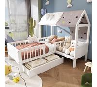 Wiuzo Cama infantil de madera con forma de casa, cama individual, multifuncional, con tela de tienda y cojines, cajones inferiores, sin colchón, 90 x 200 cm, color blanco