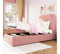 Wiuzo Cama tapizada, cama individual, cama infantil 90 x 200 cm, cama funcional hidráulica, cama con somier, cabecero y gran espacio de almacenamiento, cabecero acolchado, terciopelo, color rosa
