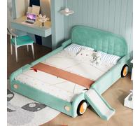 Wiuzo Cuna, cama para coche con tobogán y escalera, montaje a la izquierda/derecha, cama acolchada suave en color verde azulado, cama de juegos con protección contra caídas para habitación infantil