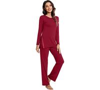 WiWi Conjunto de pijama para mujer, súper suave, de manga larga, refrescante, ropa de dormir, ropa de descanso, viscosa de bambú, tallas S-XXL, A- rojo vino, XXL