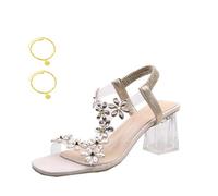 WIWIDANG Sandalia de tacón con diamantes de imitación de flores, tacón alto para mujer, dorado, 34 EU