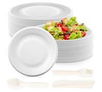 WIYETY 200 platos de papel para fiesta: 50 cuencos de cartón con 50 tenedores, 50 cuchillos y 50 cucharas, platos de papel para fiestas de cumpleaños, comidas de boda y camping y picnics para muchos