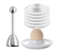 WIYETY 6 hueveras de porcelana: soporte para huevos de porcelana con abridor de huevos de acero inoxidable, apilable para desayuno, juego de desayuno, para cocina, comedor - blanco