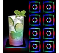 WIYETY 8 posavasos LED multicolores: diámetro de 10 cm, posavasos luminosos cuadrados de acrílico, resistente al agua con 7 modos de color y botón ON/OFF para vasos, botellas, fiestas, bodas, bares