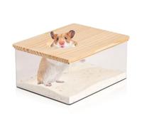 WIYETY Baño de arena para hámster para mascotas: caja de baño para hámster, accesorios de baño para hámster con media cubierta de madera maciza, inodoro para chinchilla, osos dorados, Gerbil (21 x