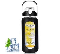 WIYETY Botella de cristal de 1000 ml con pajita: botella de cristal con funda de silicona antideslizante y marcadores de tiempo, sin BPA, a prueba de fugas, botella grande para deportes, gimnasio