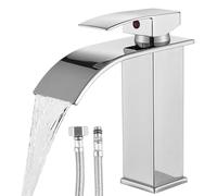 WIYETY Grifo de baño táctil plateado - Grifo de lavabo cascada con monomando | Manguera de acero inoxidable de 60 cm | Grifería para baño y aseo de invitados | Grifo de lavabo | Grifería