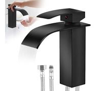 WIYETY Grifo de baño Touch On negro - Grifo de cascada mate con protección antihuellas | Mezclador monomando | Manguera inoxidable 60 cm | Certificado DVGW | para baño y aseo
