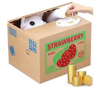 WIYETY Hucha de gato de dibujos animados para niños, bonita hucha de gato robando, hucha para monedas, caja automática de monedas de gato de acero, divertido regalo de cumpleaños (gato de fresa)
