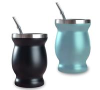 WIYETY Juego de 2 tazas de mate, juego de taza de té mate con cuchara y cepillo de limpieza, juego de té Yerba Mate de doble pared, aislado de acero inoxidable para oficina, coche y viajes, negro y