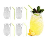 WIYETY Juego de 4 vasos de piña: 400 ml, vasos de cóctel transparentes con relieve de piña, vasos de fiesta reutilizables con 4 pajitas + cepillos de paja, vasos de zumo en forma de piña para casa