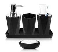 WIYETY Juego de 5 accesorios de baño: juego de accesorios de baño de plástico con vaso para cepillos de dientes, soporte para cepillos de dientes, bandeja de maquillaje, dispensador de jabón,