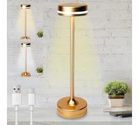 WIYETY Lámpara de mesa LED inalámbrica: 2000 mAh, recargable, lámpara de mesa USB, lámpara de mesa LED regulable, 3 temperaturas de color, para mesa de comedor, lámpara de noche, escritorio (dorado)