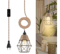 WIYETY Lámpara de techo con enchufe: lámpara colgante de ratán y cable de 1,8 m, lámpara colgante vintage, enchufe en forma de jaula, lámpara colgante con cable textil, kit de soporte E27 para cocina,