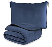 WIYETY Manta de viaje para avión, cojín transformable 2 en 1, manta portátil para avión con fijación de maleta, para oficina, viajes de negocios, viajes, ultraligera y cálida, color azul marino, 152 x