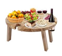 WIYETY Mesa de Picnic Plegable de Madera Portátil con Soporte para Copas de Vino Tinto, Redonda para Jardín, Champán y Aperitivo
