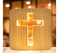 WIYETY Nightlight Cruz de Jesús: Mini Luz nocturna Religiosa 3D Cruz de Jesús, Lámpara de mesa pequeña para dormitorio, talla de madera LED, luz blanca cálida alimentada por USB, regalo brillante