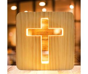 WIYETY Nightlight Cruz de Jesús: Mini Luz nocturna Religiosa 3D Cruz de Jesús, Lámpara de mesa pequeña para dormitorio, talla de madera LED, luz blanca cálida alimentada por USB, regalo brillante
