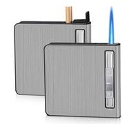 WIYETY Pitillera con mechero: 2 unidades de aluminio para cigarrillos, resistente al viento, encendedor de gas, encendedor de tormenta, puede 20 barriles (se vende sin gas) (plata)