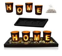 WIYETY Portavelas de té, 4 unidades, con bandeja de madera y piedras, decoración de mesa para salón, candelabros, efectos de luz dorada, vasos de té para casa, para salón, dormitorio, balcón, baño