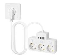 WIYETY Regleta de 3 enchufes, conmutable individualmente, regleta con enchufe de distribución, con 3 USB + tipo C (5 V/3,4 A), protección infantil, cable de 1,5 m, 4000 W/16 A, regleta segura para