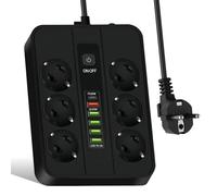 WIYETY Regleta de 6 enchufes negra: enchufe múltiple con 5 puertos USB A y 1 tipo C de carga rápida, adaptador de enchufe de 2 m de cable, enchufe portátil para oficina, hogar, viajes