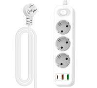 WIYETY Regleta múltiple con USB C: 3 enchufes con interruptor con 1 USB C (PD 20 W) y 2 USB A, regleta blanca para oficina, casa, viajes