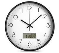 WIYETY Reloj de pared blanco con indicador de temperatura: 30 cm, silencioso, reloj de pared con calendario digital y termómetro, reloj de cuarzo analógico plateado, reloj de pared analógico para