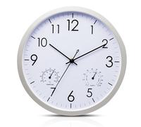 WIYETY Reloj de pared de cuarzo redondo: reloj de pared de 30 cm con termómetro e higrómetro, marco de acero inoxidable, funciona con pilas para cocina, salón, dormitorio, oficina (sin pilas)