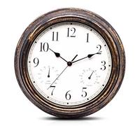 WIYETY Reloj de pared silencioso de 30 cm, para exteriores, con termómetro e higrómetro, para interior y exterior, resistente a la intemperie, resistente al agua, para cocina, baño, porche (marrón