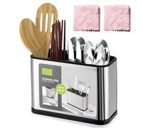 WIYETY Soporte para cubiertos con 4 compartimentos para cocina: recipiente con 2 paños de limpieza, soporte para utensilios de cocina de acero inoxidable, organizador de cubiertos para guardar