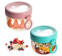WIYETY Vasos de cereales para llevar con cuchara y tapa, 600 ml a prueba de fugas, vaso de yogur para llevar, recipiente para frutas para el trabajo, la escuela, los viajes (rosa + cian)