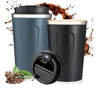 WIYETY Vasos térmicos para café para llevar, 2 unidades con indicador de temperatura LED, taza de café de 380 ml, a prueba de fugas, de acero inoxidable con tapa, adecuado para café, té y cerveza