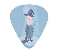 Wizard Guitar Picks Paquete de 12 púas universales de guitarra ABS, Good Wizard sosteniendo una varita mágica en su mano y sonriendo sobre fondo azul, para guitarra acústica y eléctrica, azul pálido y