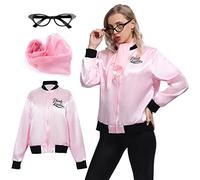 Wizland Mujeres Rosa Damas Grasa Chaqueta para Halloween Cosplay Disfraz 1950 Rosa Satén Chaqueta con bufandas de cuello y gafas XL