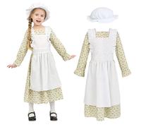 Wizland Traje de Sirvienta Victoriana para Niñas, Conjunto Medieval de Pueblo Victoriano con Vestido y Sombrero, Traje de Gala Vintage Campestre para Niños 6-8 años (Estampado Floral)