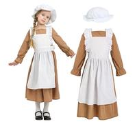 Wizland Traje de Sirvienta Victoriana para Niñas, Conjunto Medieval de Pueblo Victoriano con Vestido y Sombrero, Traje de Gala Vintage Campestre para Niños 6-8 años (Marrón)