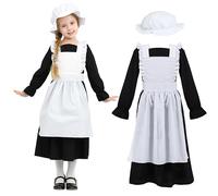 Wizland Traje de Sirvienta Victoriana para Niñas, Conjunto Medieval de Pueblo Victoriano con Vestido y Sombrero, Traje de Gala Vintage Campestre para Niños 10-12 años (Negro)