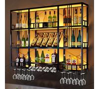 WJDREPKHY Botellero metálico de Pared con Luces LED - Estante Industrial de 3 Niveles para Botellas | Estante Flotante Multifuncional para Copas de Vino | Ideal para Bares, cocinas y Salas de Estar