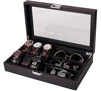 WJFMZS Caja de exhibición de relojes de lujo para hombres y mujeres, de fibra de carbono, cuero, gafas de sol, ventana transparente, caja de joyería, 6 relojes, 3 gafas, colección de almacenamiento