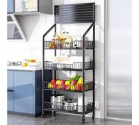 WJFTODAY Carrito de Alambre de Metal con Ruedas, Estante Multiusos Negro de 4 Niveles parganizador de Verduras, Estante para refrigerios con 15 Ganchos (tamaño: 60 x 27 x 140 cm/23,6 x 10,6 Pulgadas)