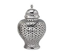 WJFTODAY Tarro de Jengibre Tradicional Perforado con Tapa, Tarro Decorativo de Templo conmplo con Entramado Tallado, jarrones de cerámica recortados para decoración del hogar, Plateado, 28 cm x 16 cm