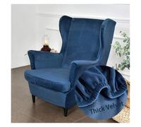 WJHDWYD Funda for sillón con Orejas de Terciopelo elástico de 2 Piezas con Funda de cojín en T, Funda for sillón Antideslizante de Moda de Color sólido for Strandmon, Dormitorio(Bleu Marine)