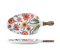 WJUHYGTF Plato De Cerámica con Mango Madera, Ensalada Bistec Postre para Servir Patrón Hojas Estilo Nórdico Porcelana Mate Flores Elegantes Pasta Colorida,B,S
