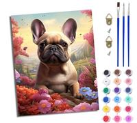 WJWWANG Pintar por Numeros Adultos DIY Pintura por Números Lindo bulldog francés entre flores Kit de Pintura al óleo de Lienzo DIY para con Pinceles Pigmento Acrílico 40 x 50cm (Sin Marco)