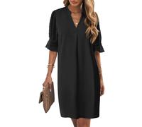 Wkior Vestido recto para mujer, cuello en V, manga corta, color liso, casual, vestido de verano (S-2XL), negro, (Swiss Black), Large